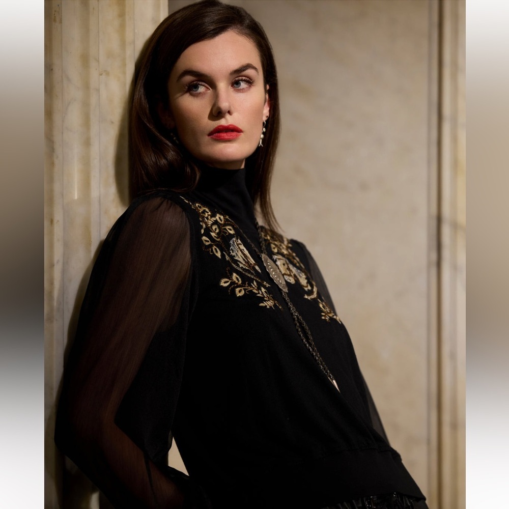 Double D Ranch Black and Gold Embellished Mock Neck Blouse - Long Ride Top - Picture 12 of 13